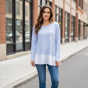 JohnPaulRichard M Top Medium Striped Shirt Blue White Asymmetrical Ruffle Hem